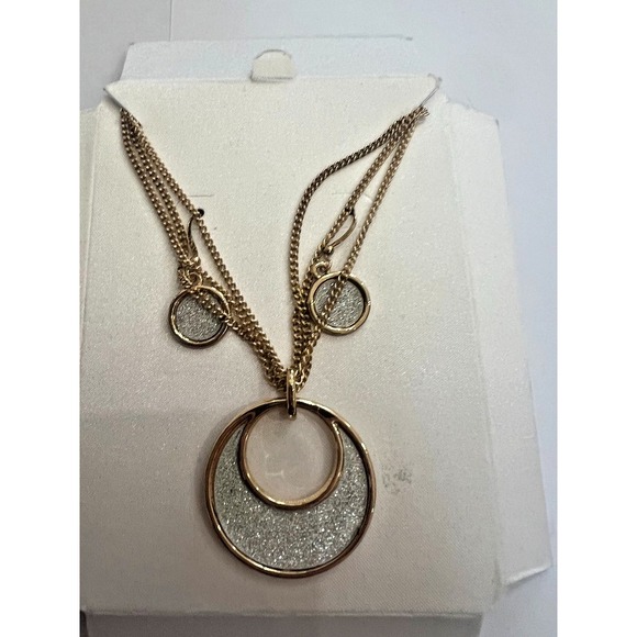 Gold Tone Necklace Earrings Set Silver Glitter Disc Statement NOS Minimal Luxe - Picture 9 of 10